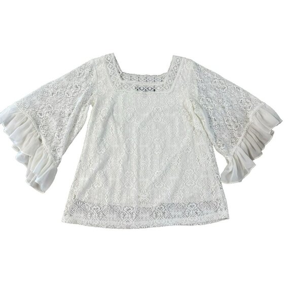 White House Black Market Lined White Lace Top Chiffon Ruffle Sleeves Sze S - Picture 3 of 16